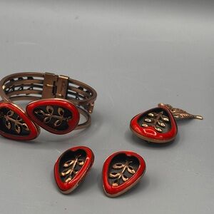 Matisse Orange Red Pear-Shaped Leaf Bracelet Brooch and Earring Copper Set